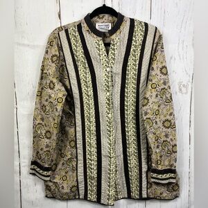 Vintage Mainstreet Blues Women’s Shirt Button Down Tan Brown Floral Knit Trim